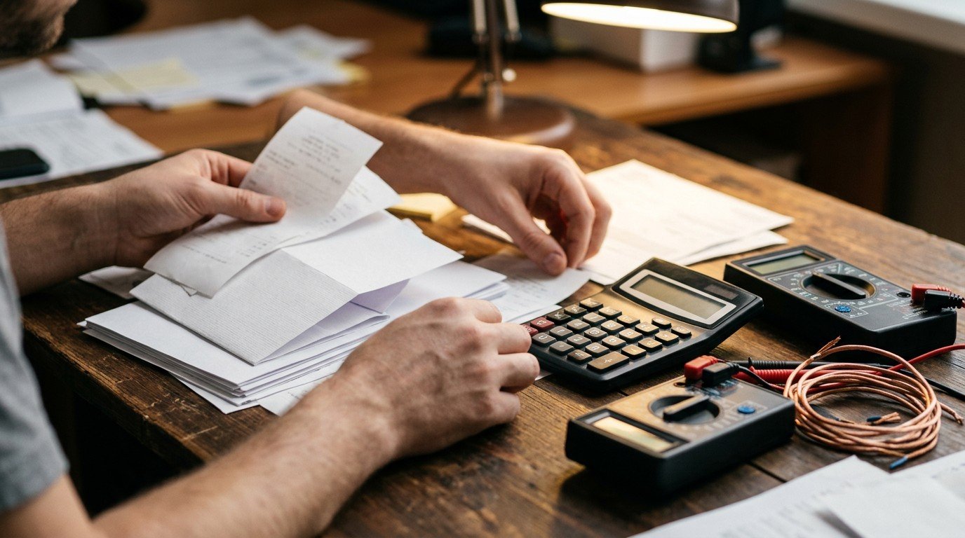 Close-up of application documents and fees required for florida electrical license reciprocity on a desk.
