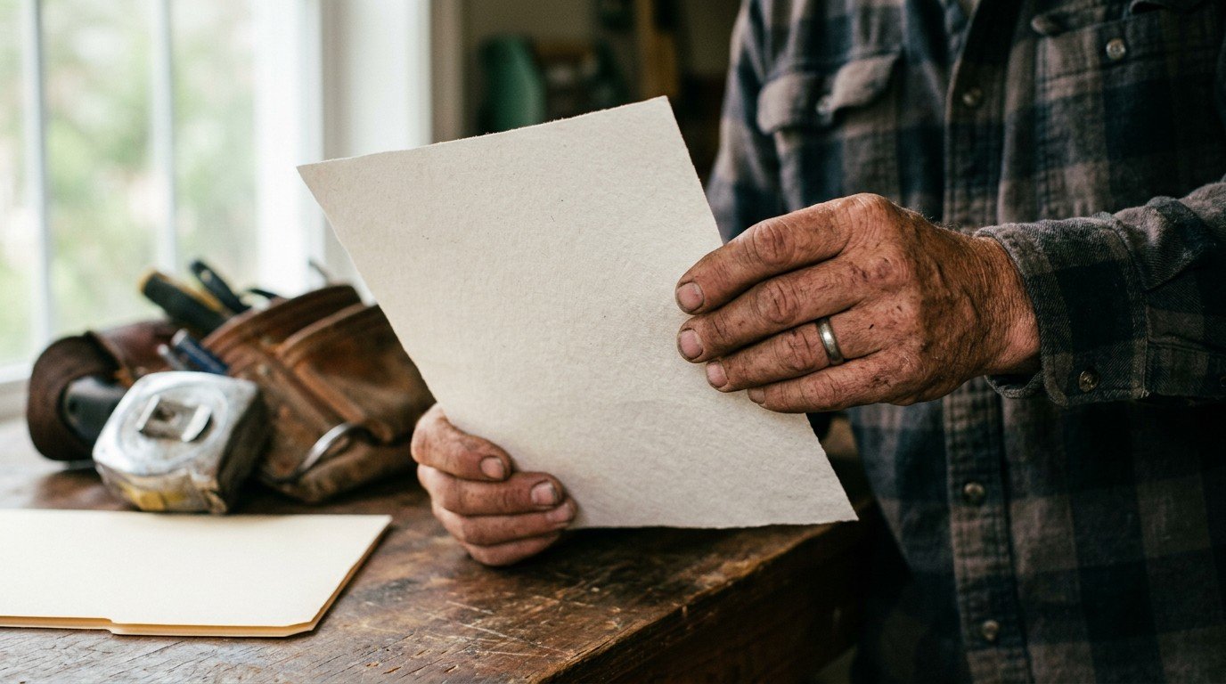 Weathered hands hold a single sheet by a tool belt, the paperwork behind a florida contractor license credit score.