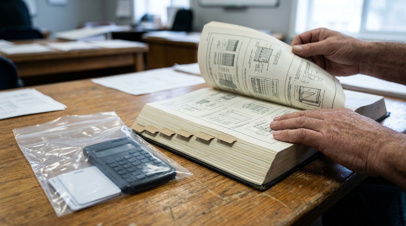 Tabbed reference book beside a calculator in a clear bag, part of a Florida contractor exam day preparation checklist.