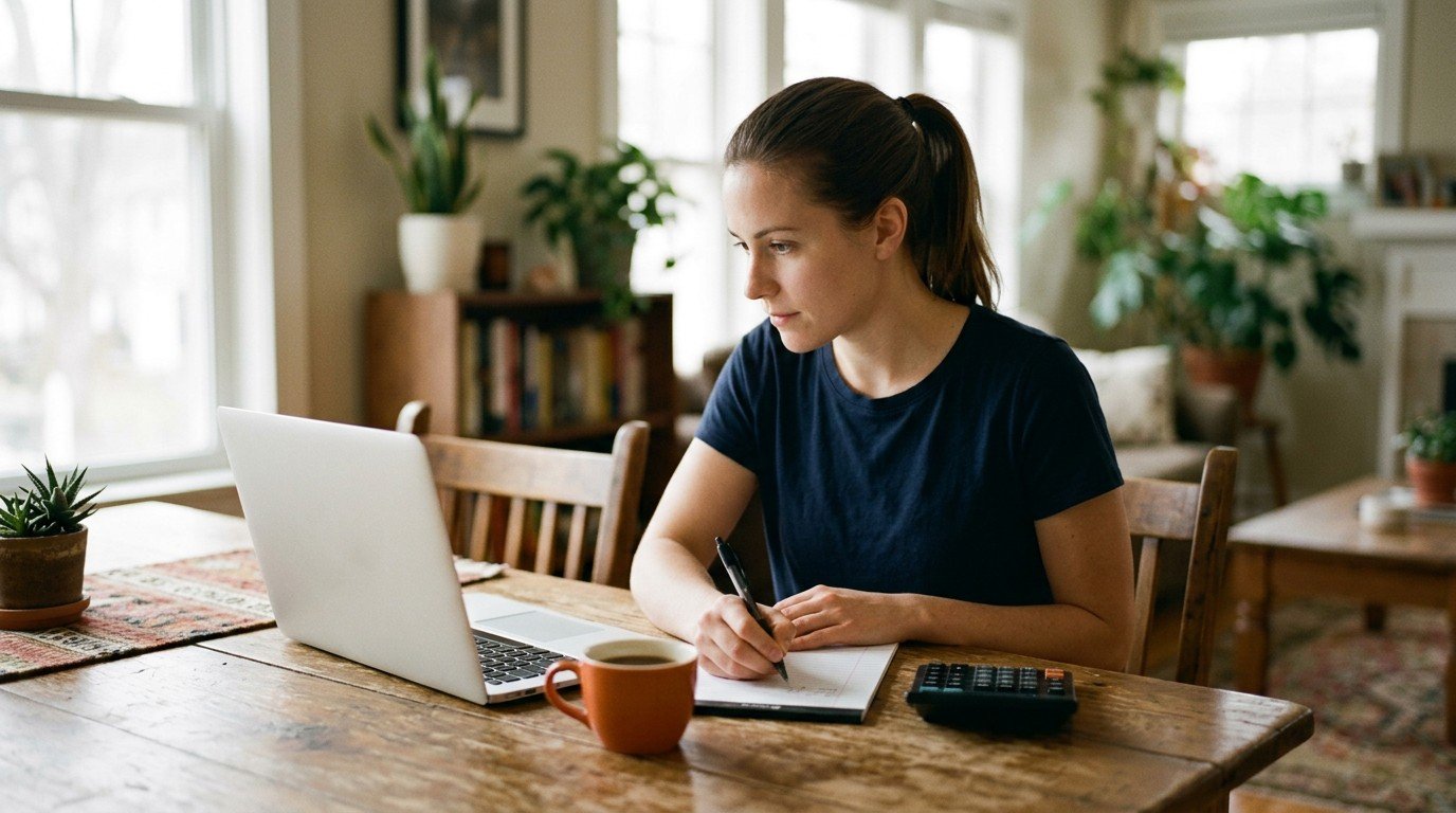 A candidate calculates application fees at her kitchen table for a hillsborough county contractor license.