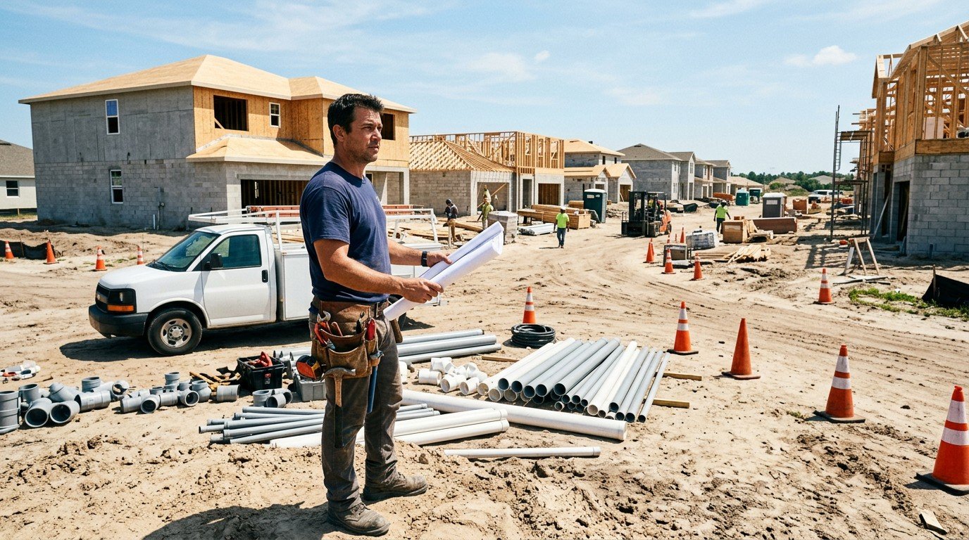 A contractor reviews blueprints on site while studying for the florida plumbing license exam.