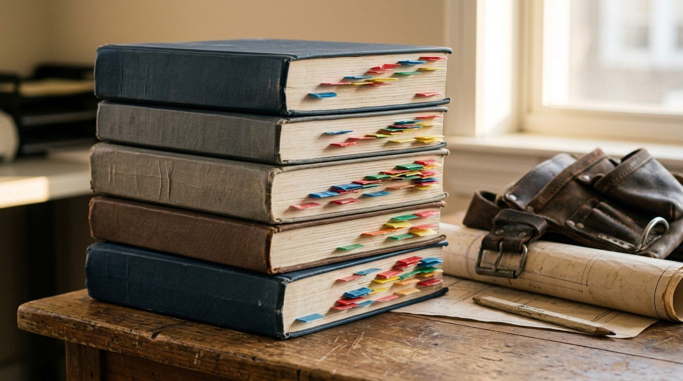 Worn reference manuals with colorful index tabs used for florida contractor exam prep.