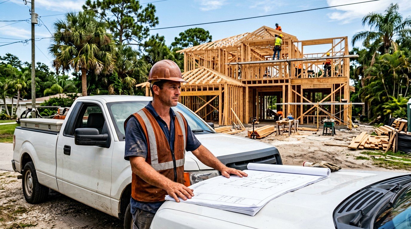A Florida contractor reviews blueprints on a truck hood, preparing for his hillsborough county contractor license.