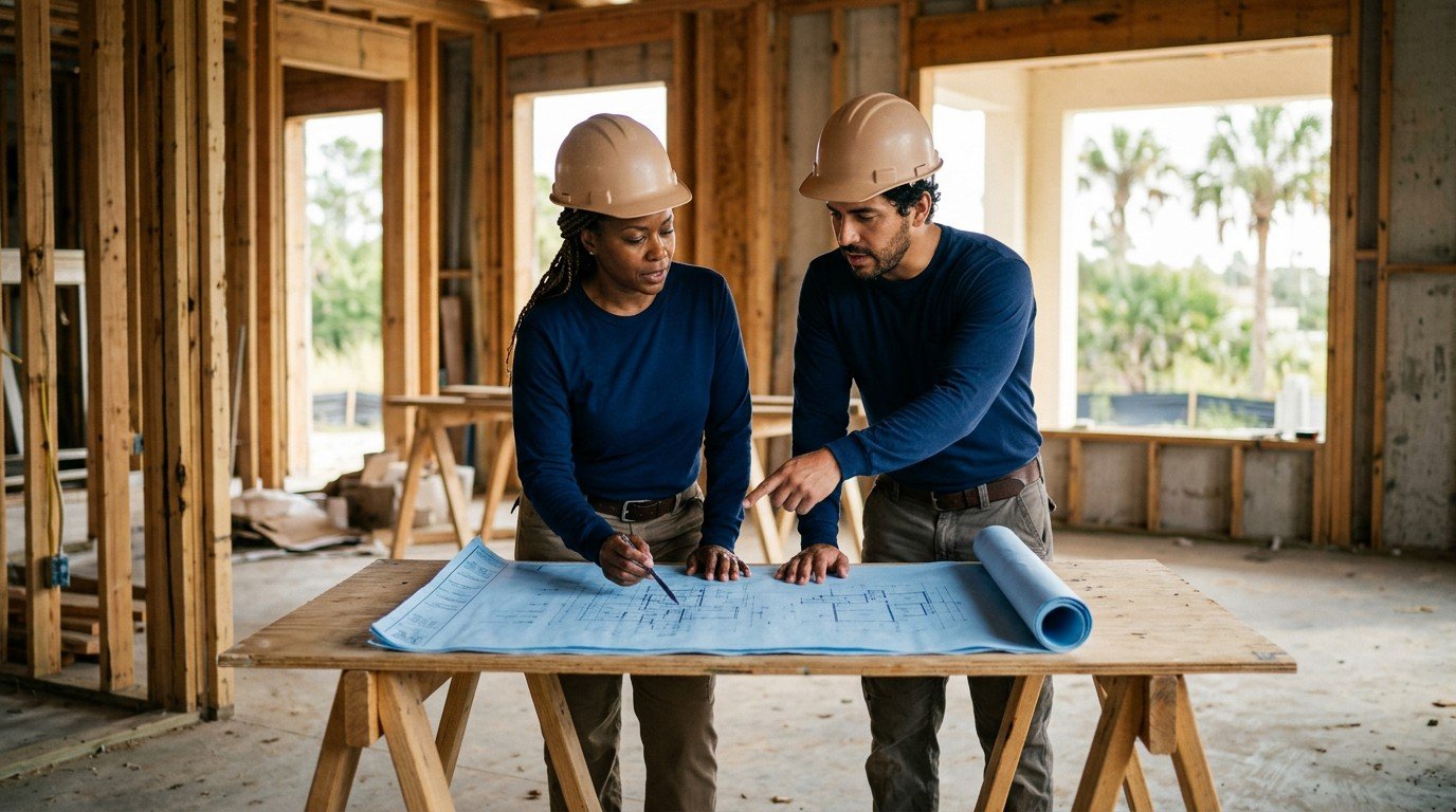 Two contractors discussing building blueprints to understand their qualifying agent florida contractor license responsibilities.
