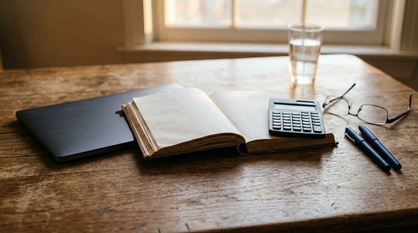 A closed laptop, an open book and a calculator on a desk where qualifying agent florida contractor license costs are worked out.