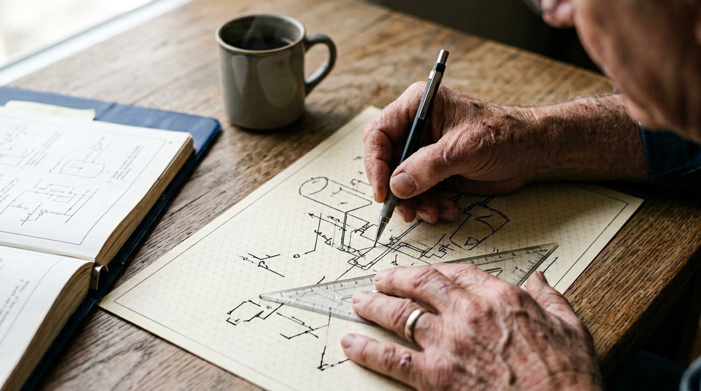 Hands sketching an isometric piping diagram for the florida plumbing license exam on graph paper.