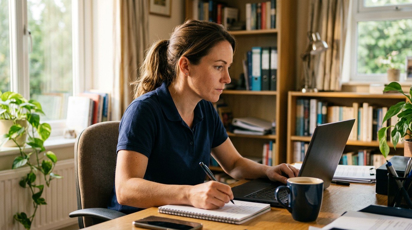 An electrician studies online courses required for her florida contractor license renewal.