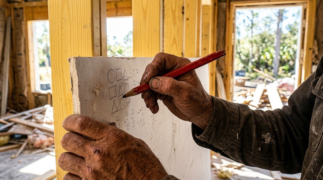 Weathered hands writing mental formulas on drywall while prepping for florida business and finance exam math.