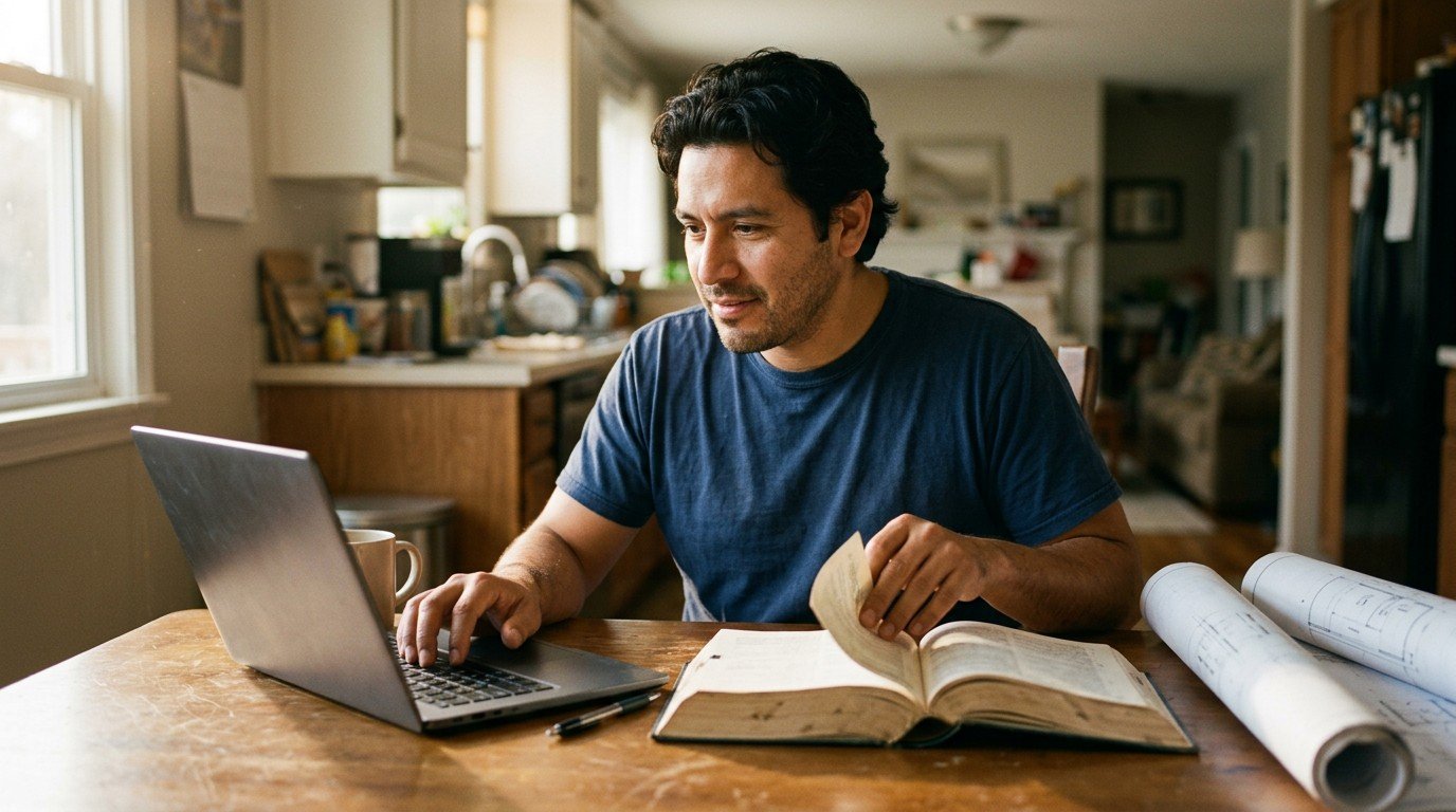 A tradesman at his kitchen table checking nascla states covered against Florida endorsement rules.
