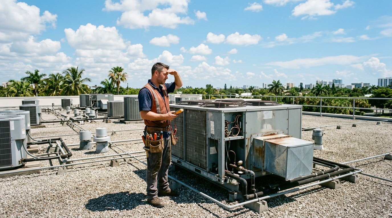 A technician stands beside a large rooftop AC unit, the commercial work a florida air conditioning contractor license covers.