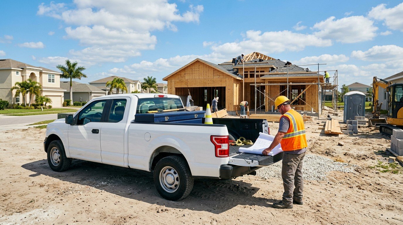 A contractor reviews blueprints by a truck to prepare for the florida contractor license credit score requirements.