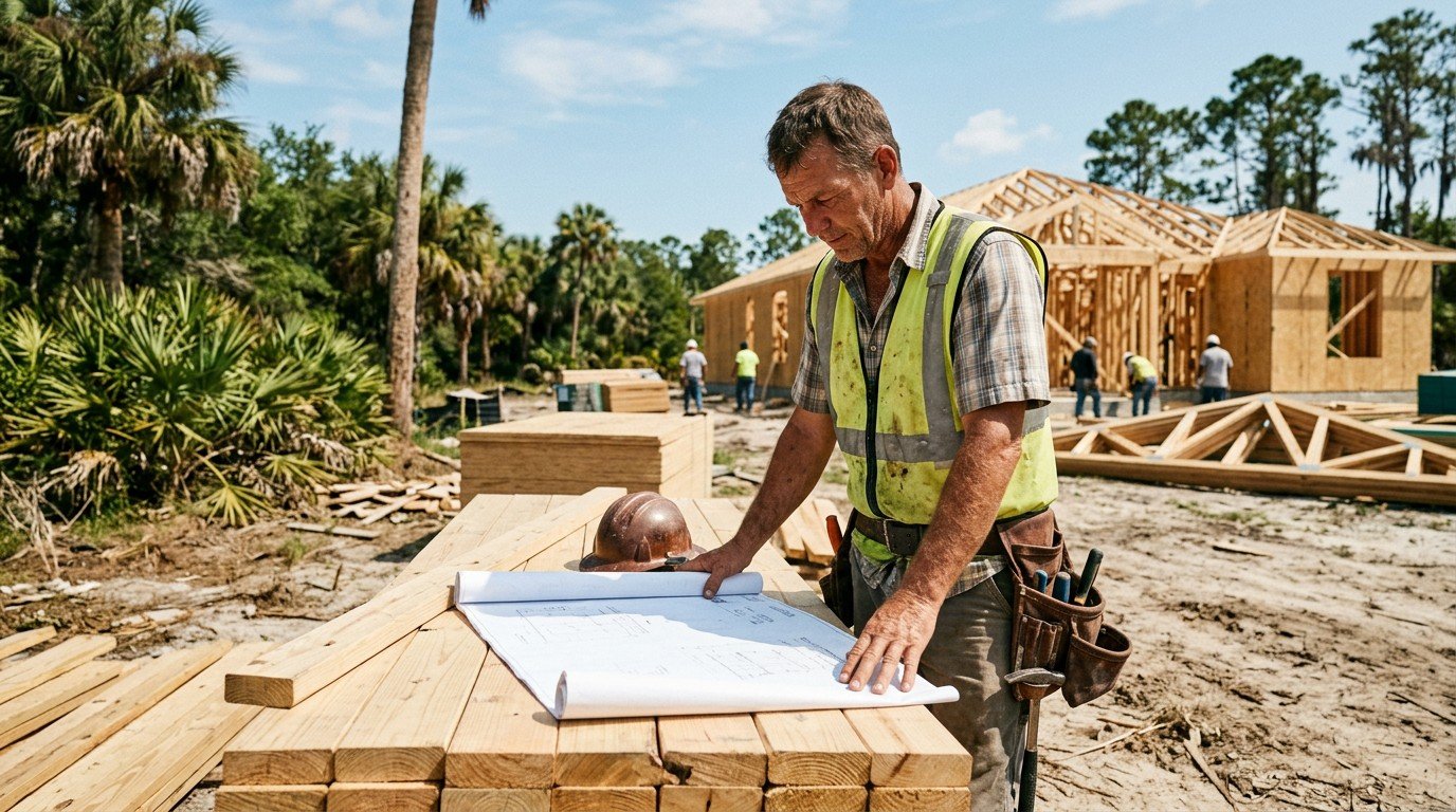 A contractor reviews blueprints on a job site during his florida contractor license renewal period.