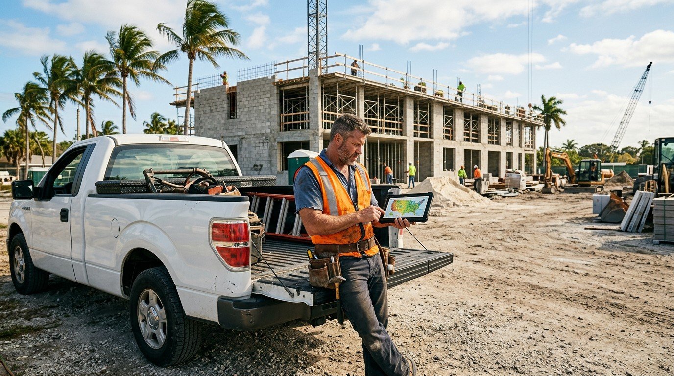 A Florida contractor looks at a map on his tablet, researching nascla states covered for license reciprocity.