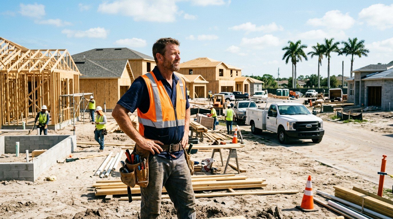 A Florida electrician stands on a sunny construction site, contemplating florida electrical license reciprocity options.