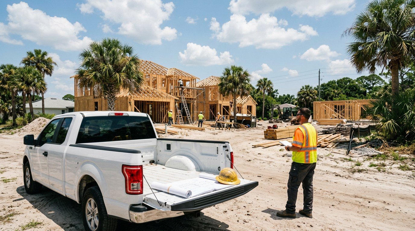 A Florida construction site with blueprints on a truck tailgate, representing florida general contractor exam registration prep.