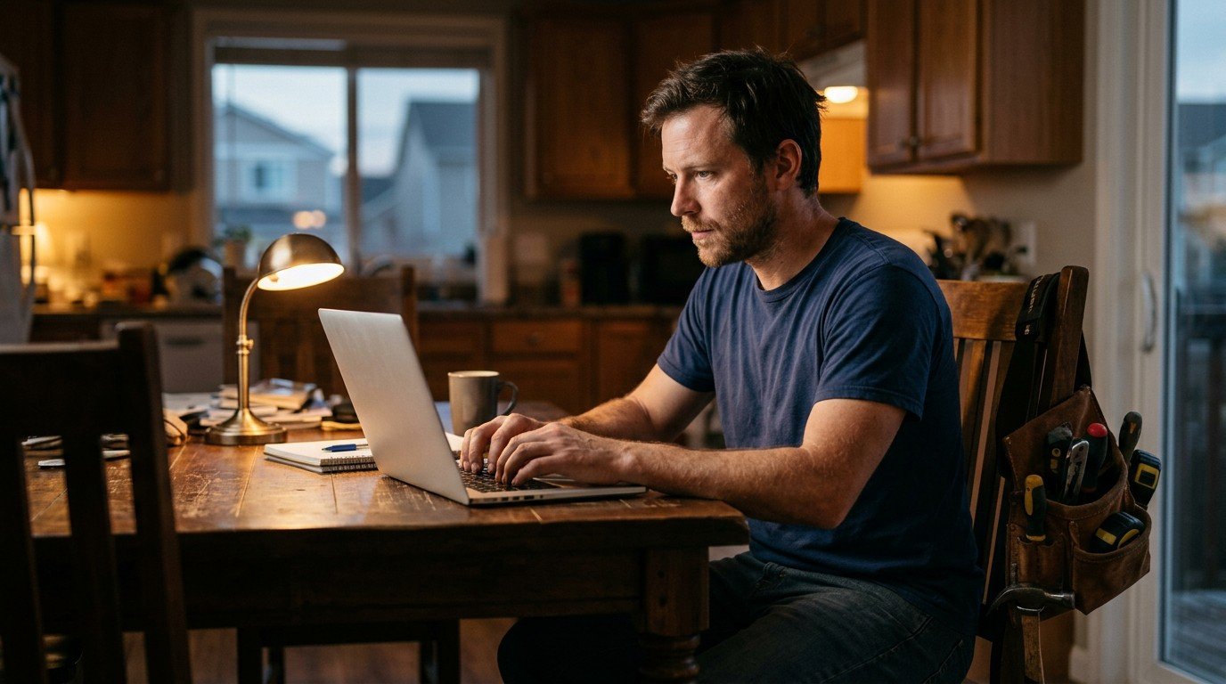 A candidate sitting at his kitchen table applying for florida general contractor exam registration on a laptop.