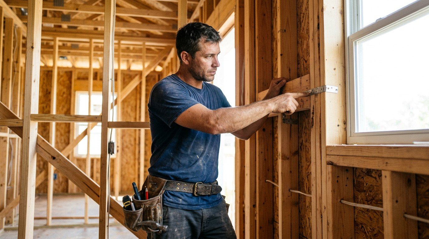 A carpenter pointing at wooden wall framing to demonstrate residential contractor license florida experience.