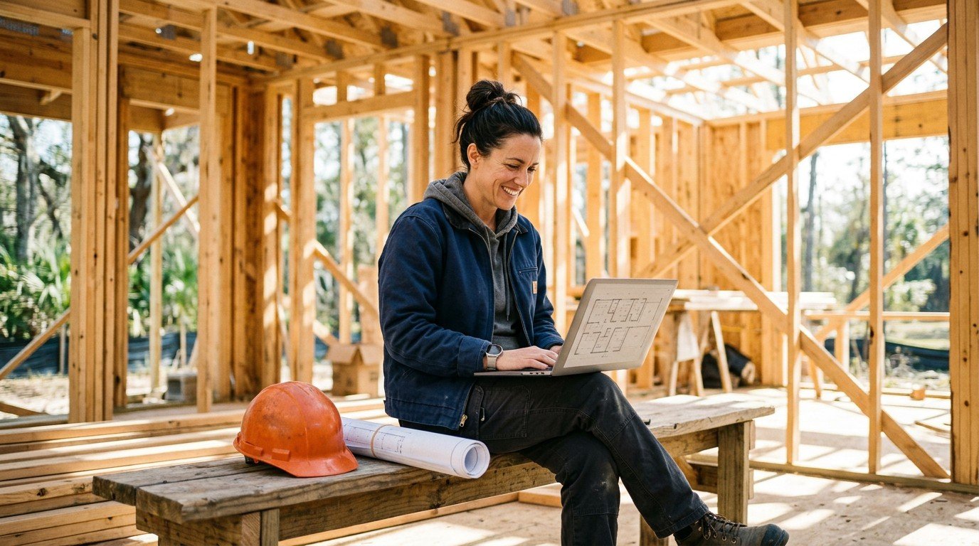 A contractor invoices from a laptop on site after passing the florida contractor exam.