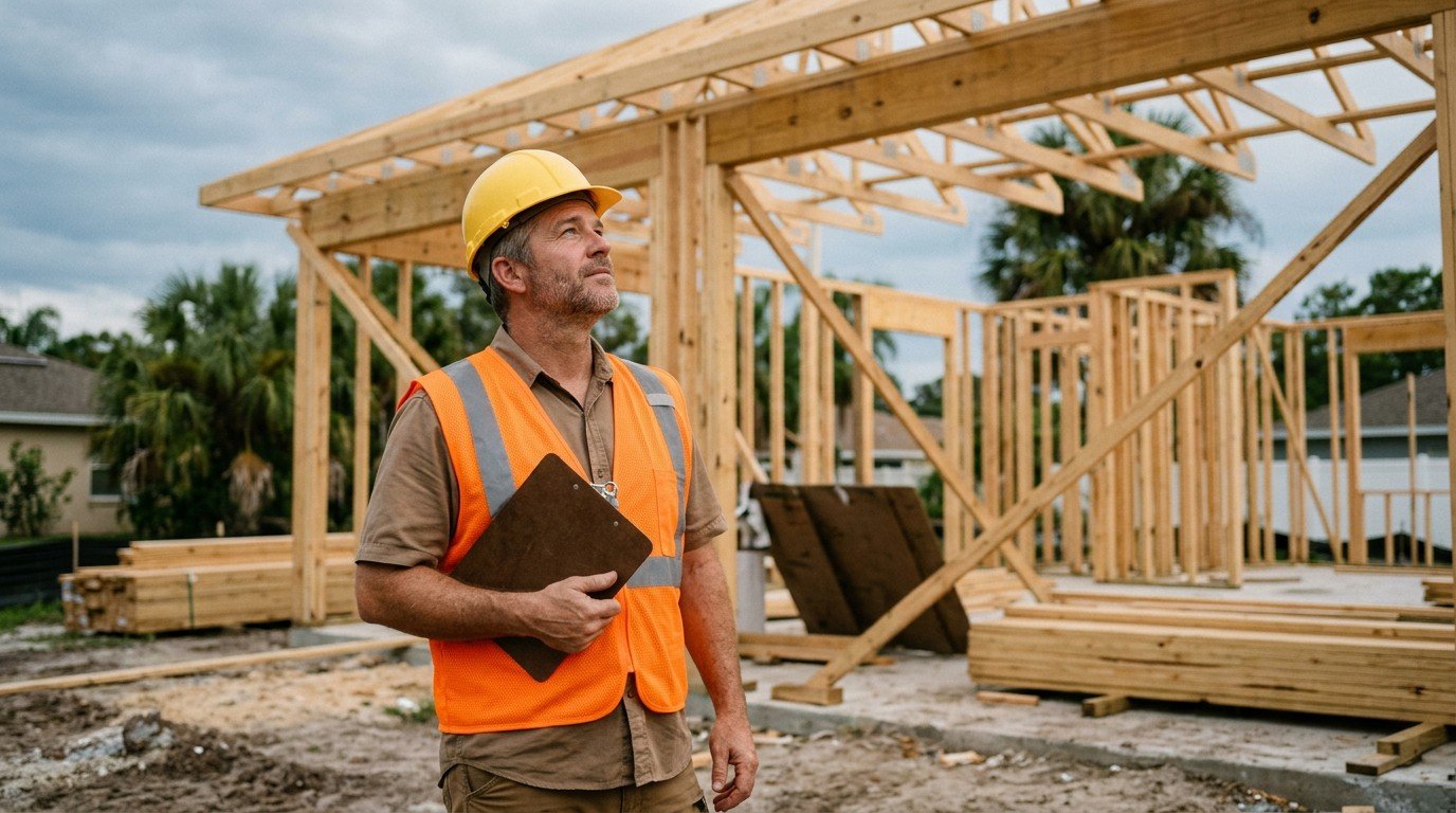 Building inspector in a hard hat beside new timber framing, the local side of a florida contractor license lookup.