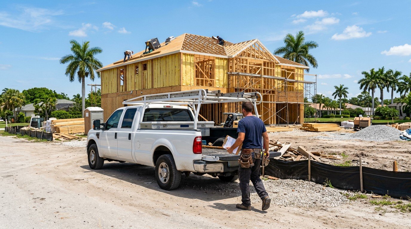 A contractor near a parked truck on a job site, illustrating a florida contractor license lookup process.