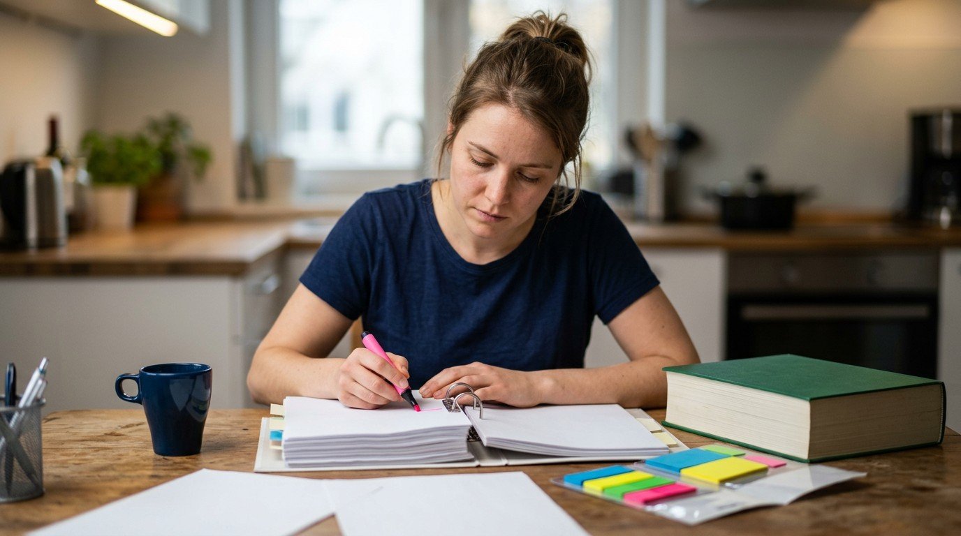 A woman studies a massive binder at her kitchen table for florida contractor exam prep.