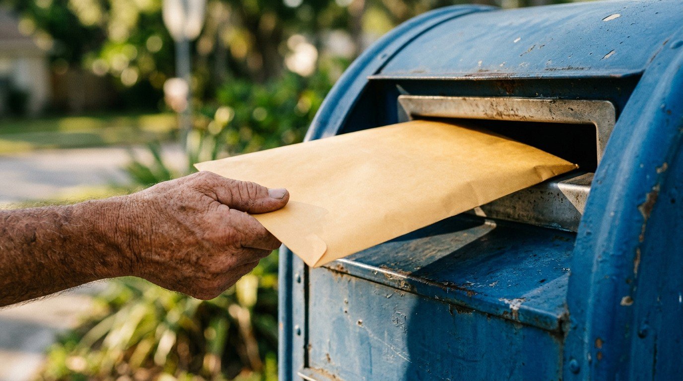 A blank envelope goes into a mailbox, meeting the florida notice to owner deadline by post.