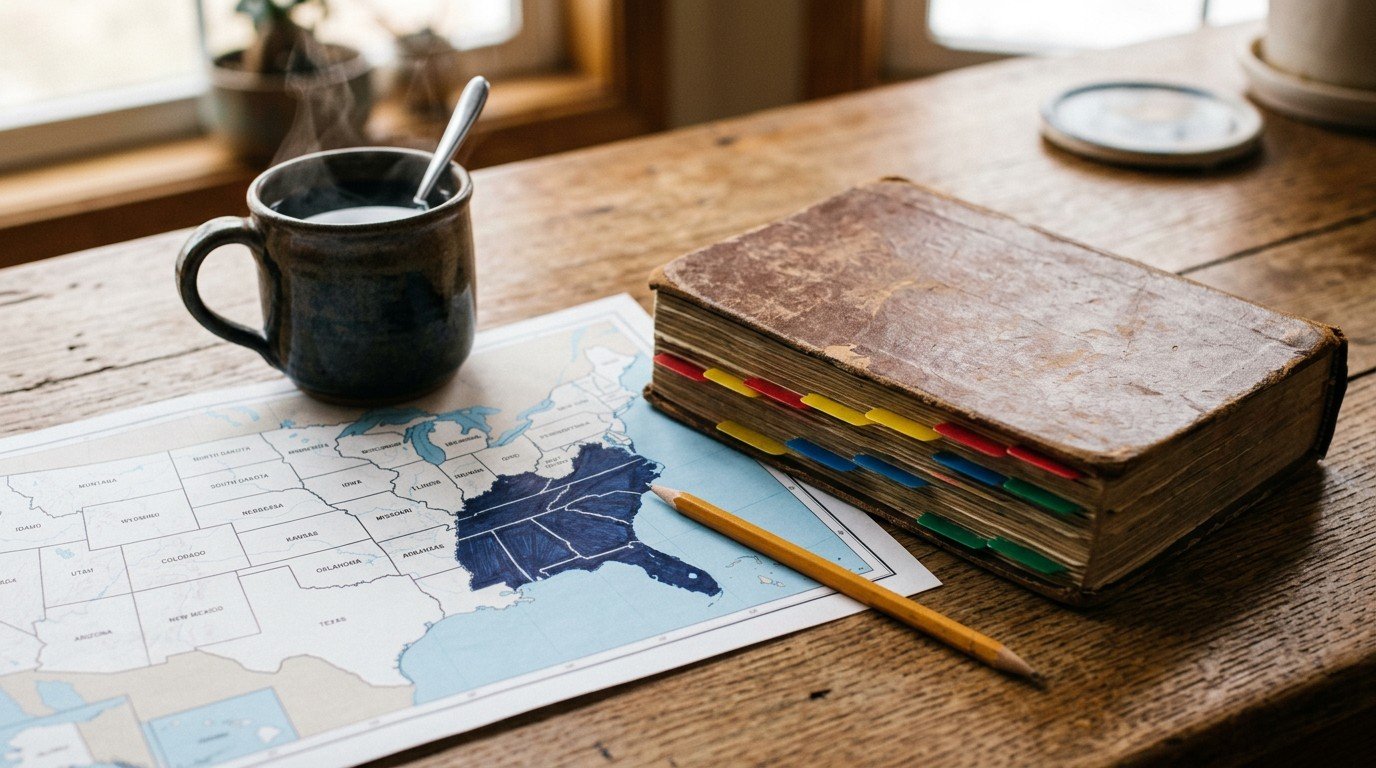 A tabbed code book beside a map highlighting the nascla states covered in the southeast.