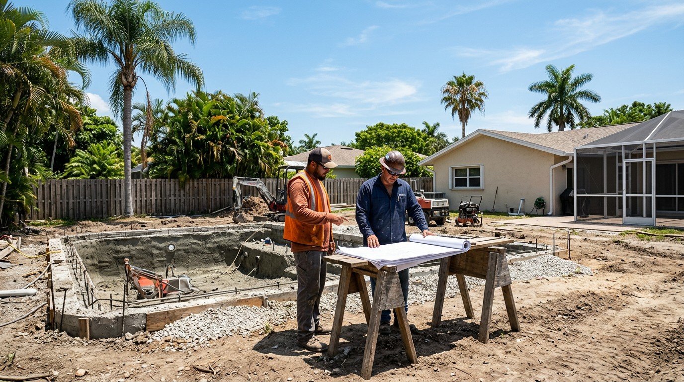 Two contractors study plans beside an excavated backyard pool, weighing the florida pool contractor license exam options.