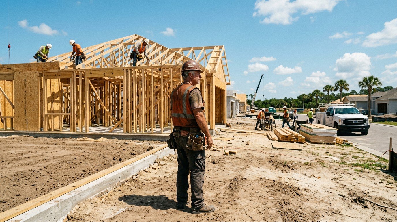 A supervisor on a sunny Florida construction site representing a qualifying agent florida contractor license holder.
