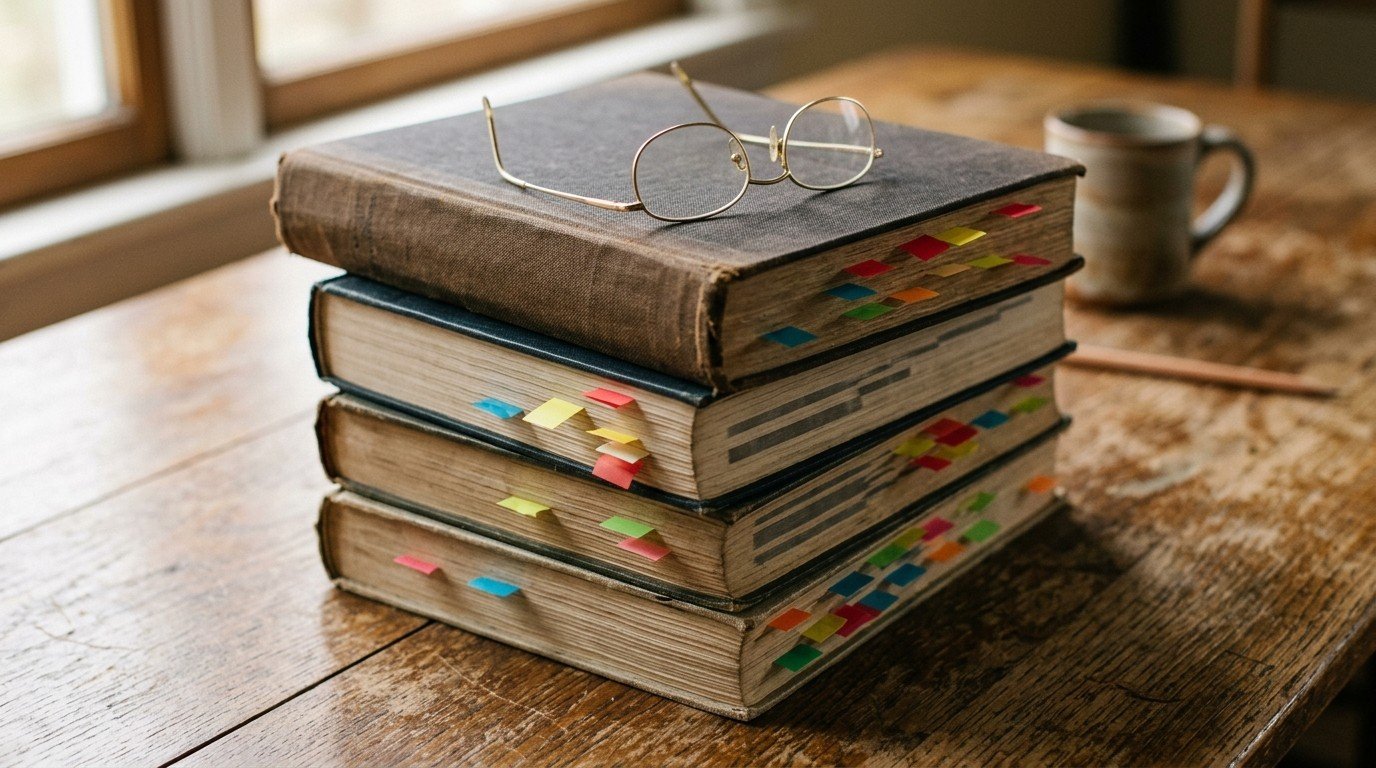 A stack of thick reference books with sticky tabs used for contract administration vs project management.