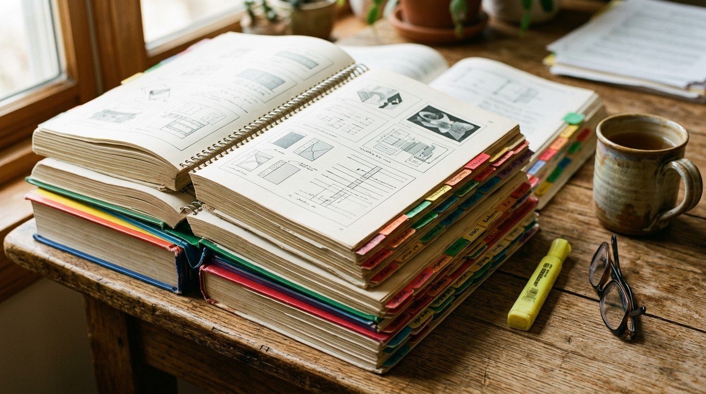 Tabbed reference manuals open on a table for Florida HVAC license practice test study