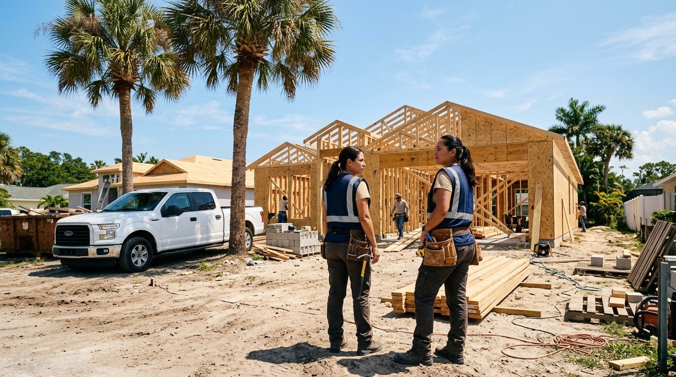 Two contractors on a Florida framing site weigh the registered vs certified contractor Florida license choice