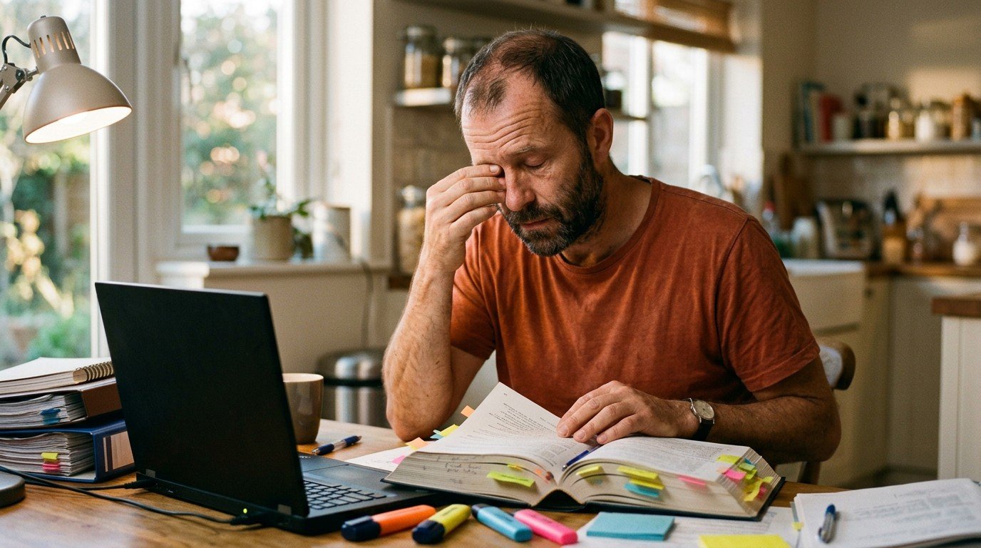 An applicant reviews highlighted code books to pass the florida plumbing license exam.