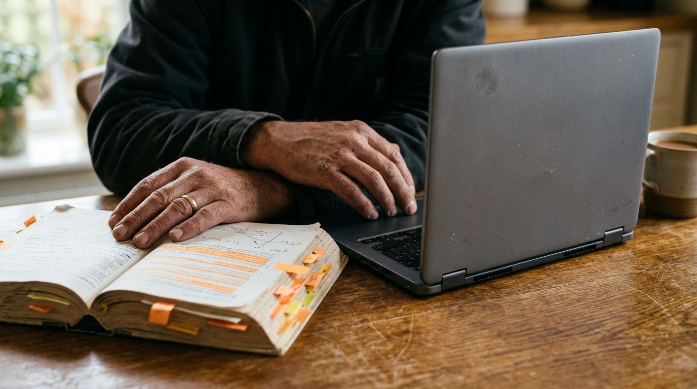 Weathered hands on a tabbed reference book beside a laptop, starting a florida contractor license lookup.