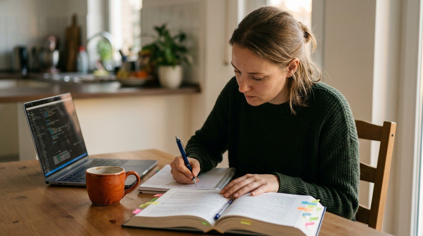 A student studies code books at a table to earn a florida air conditioning contractor license.