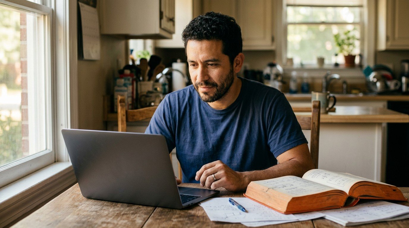 A contractor studies at home to meet the florida contractor license credit score criteria.