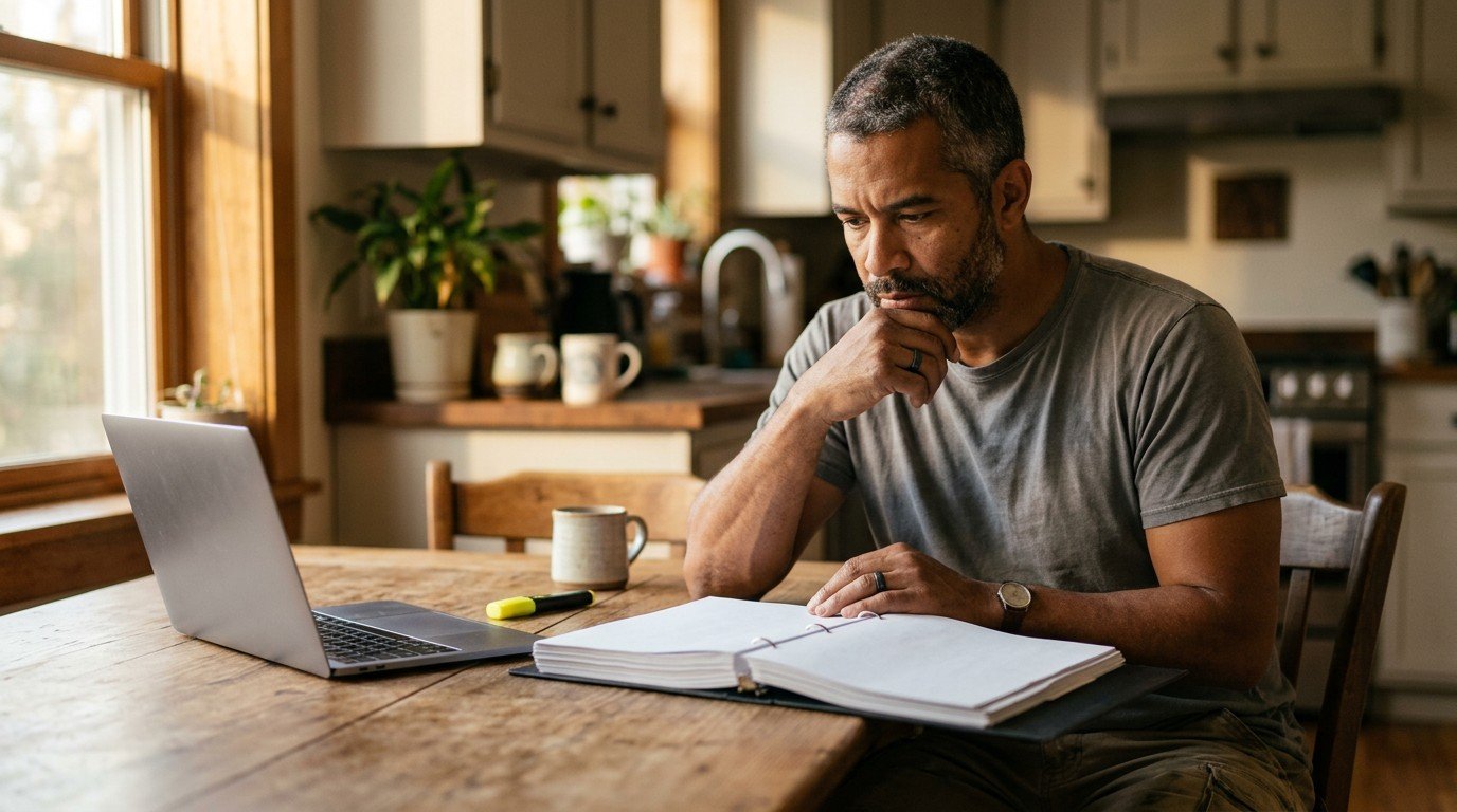 Contractor at a kitchen table reading licensing paperwork for the registered vs certified contractor Florida route