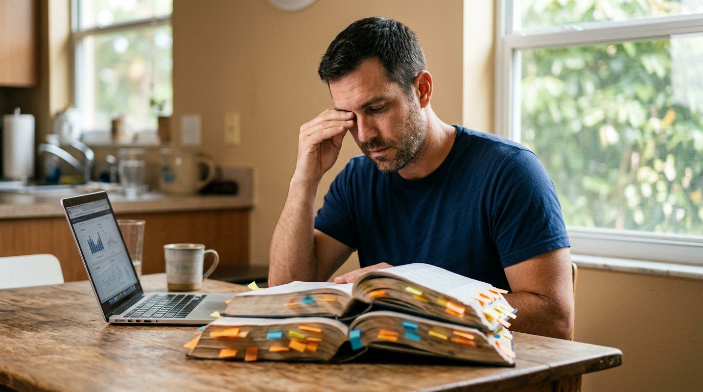 A Florida contractor candidate studies building reference manuals to prepare for his nascla test questions.