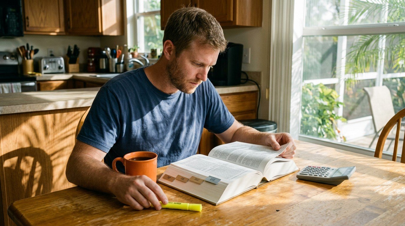 A candidate studies with books and a calculator using a Florida contractor exam day preparation checklist.