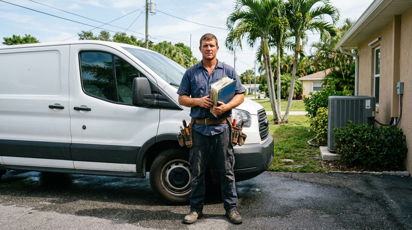 A Florida HVAC license candidate with a tabbed study binder beside a service van