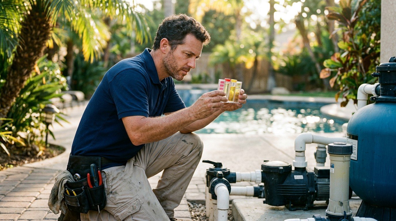 A pool technician checks water chemistry beside pump equipment, the servicing track of the florida pool contractor license exam.