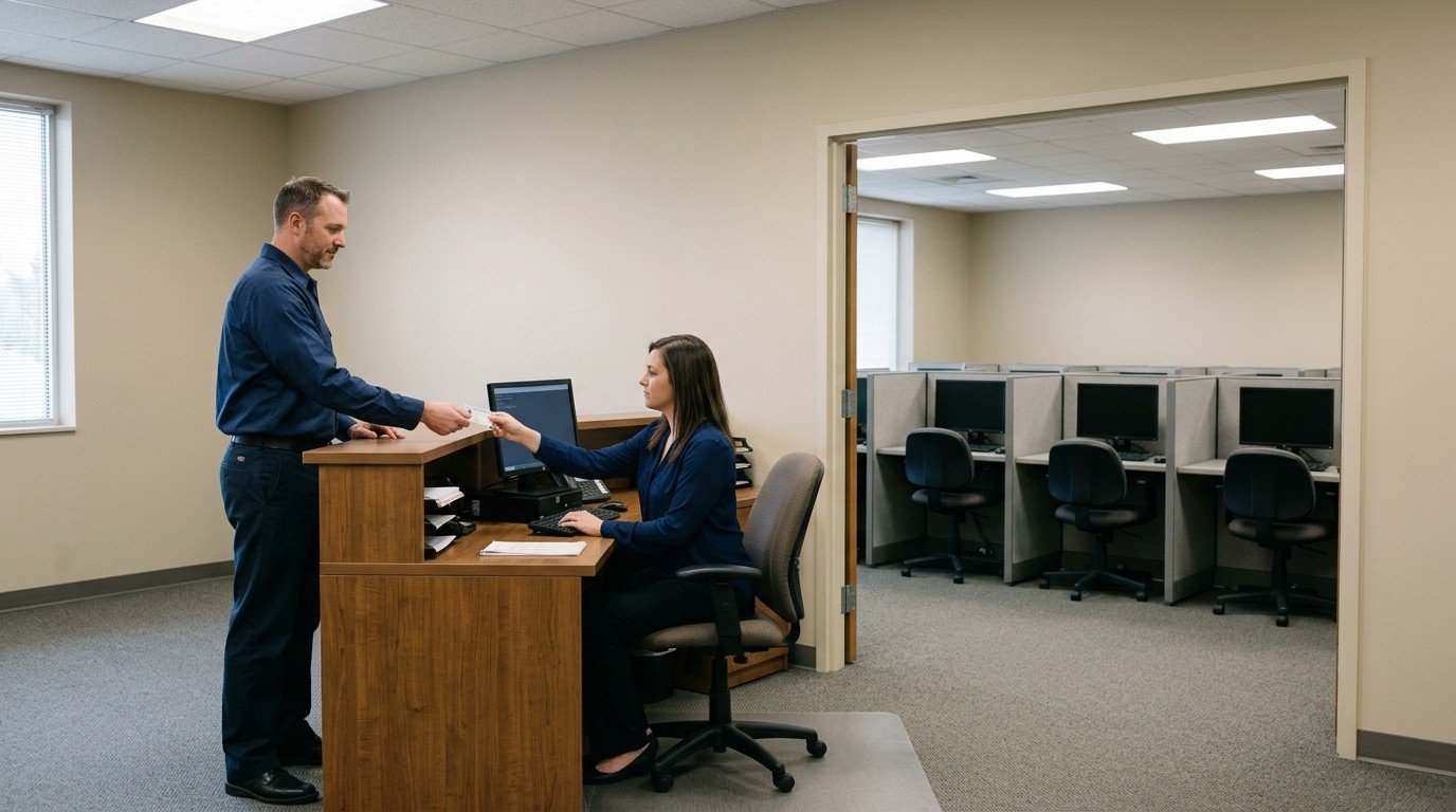 A candidate checks in with photo ID at the counter of one of the nascla testing locations.