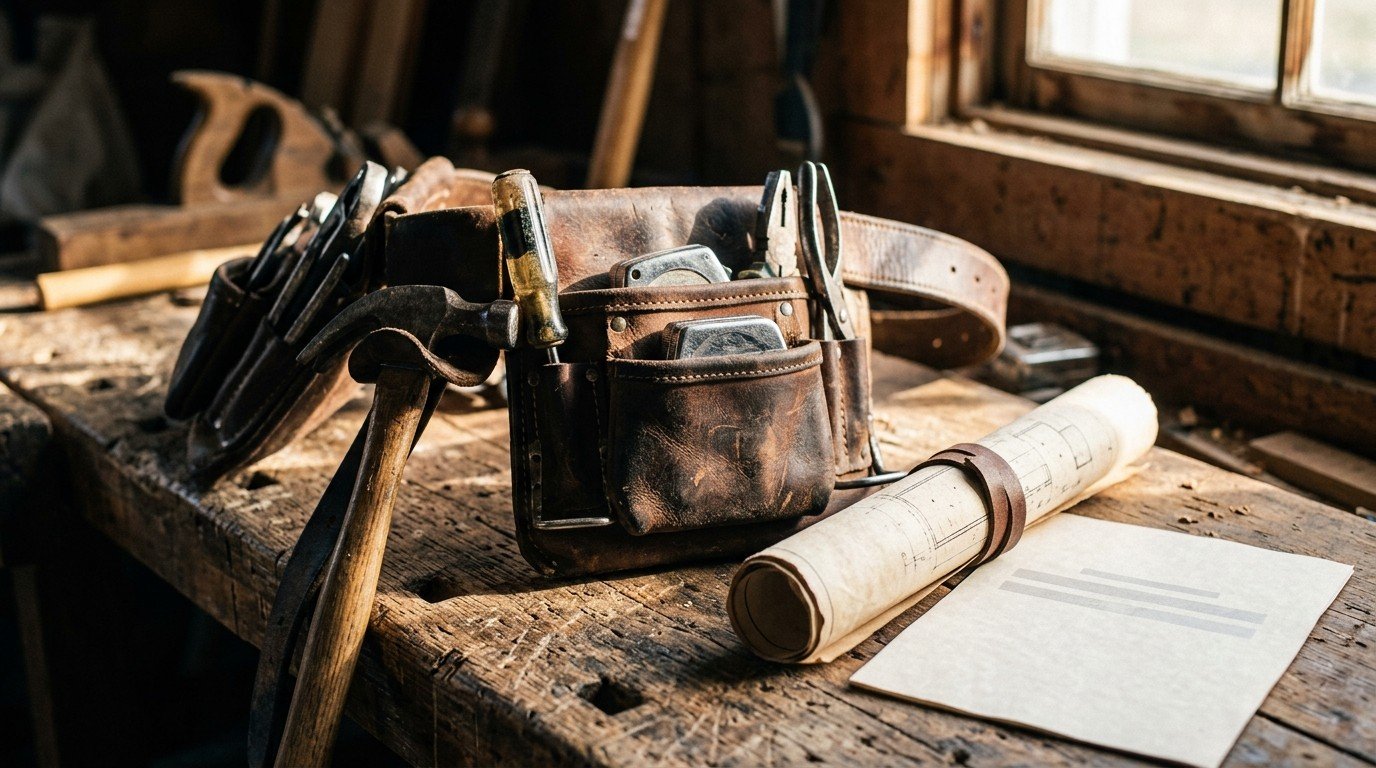 A worn tool belt and blueprints representing local requirements for a pasco county contractors license.