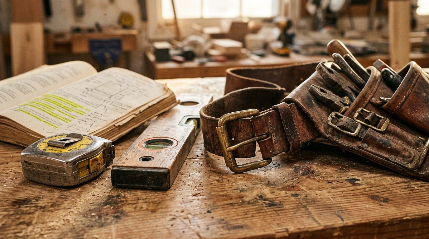 A worn tool belt and highlighted reference books needed for a hillsborough county contractor license.