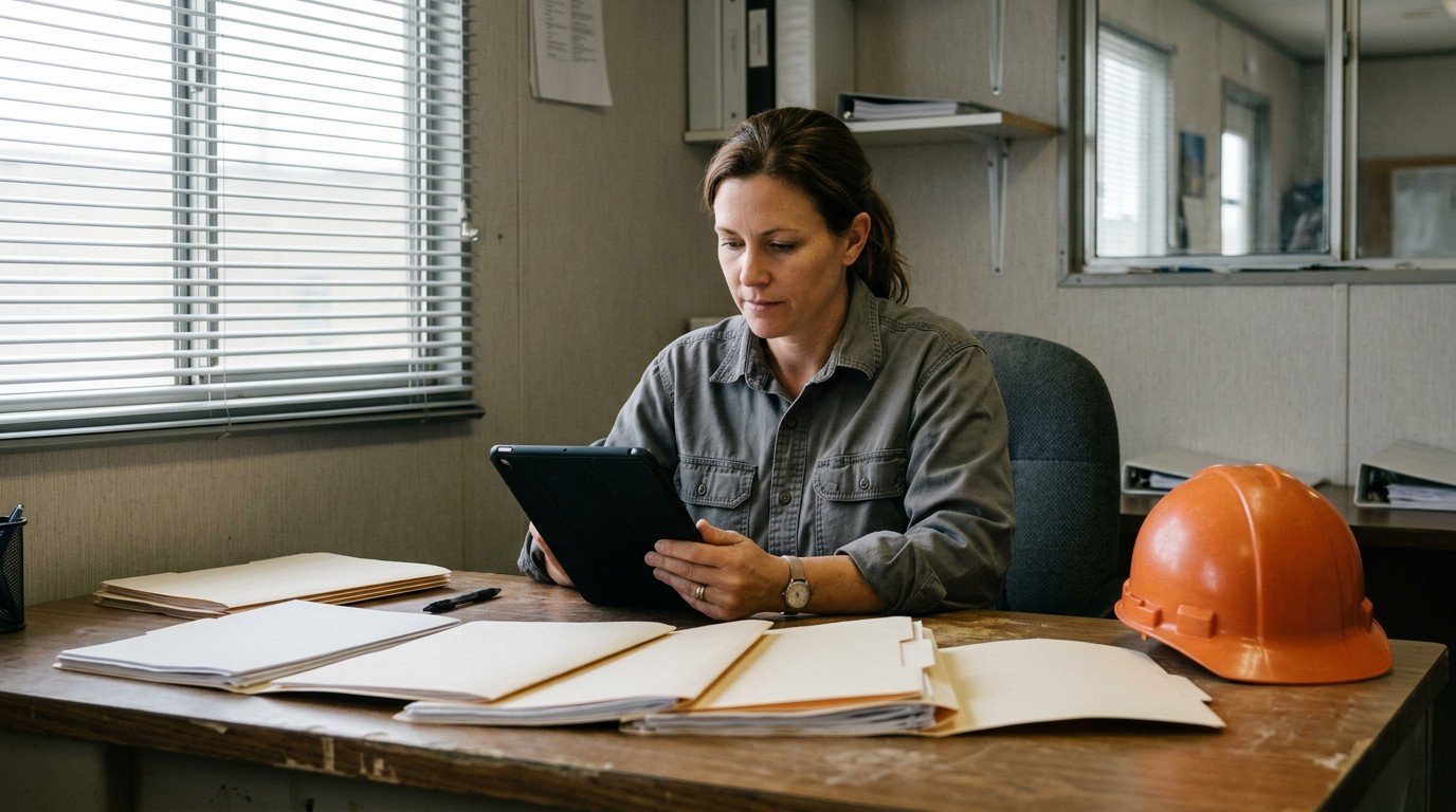 A site manager tracks each florida notice to owner deadline across job folders in a trailer office.