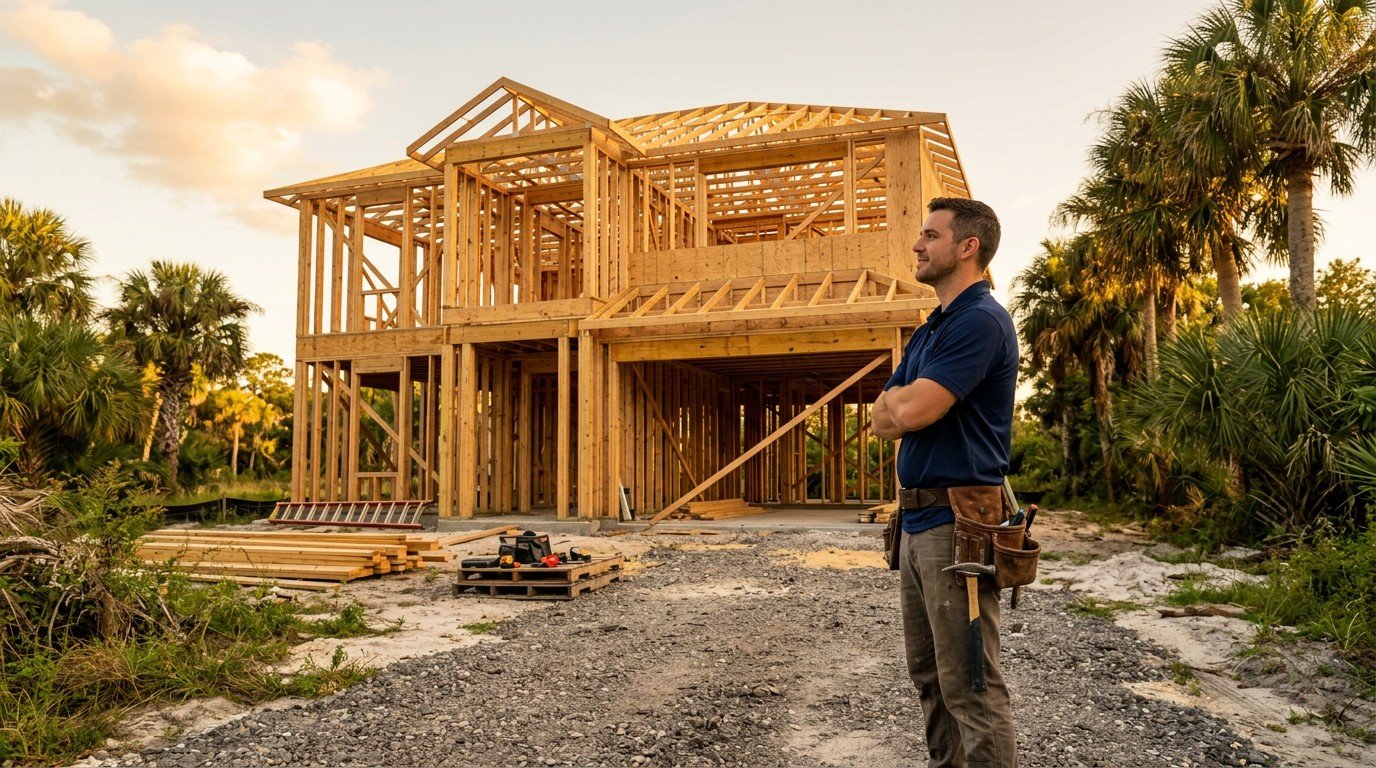 A contractor studies a newly framed Florida house, what to do after passing the florida contractor exam.