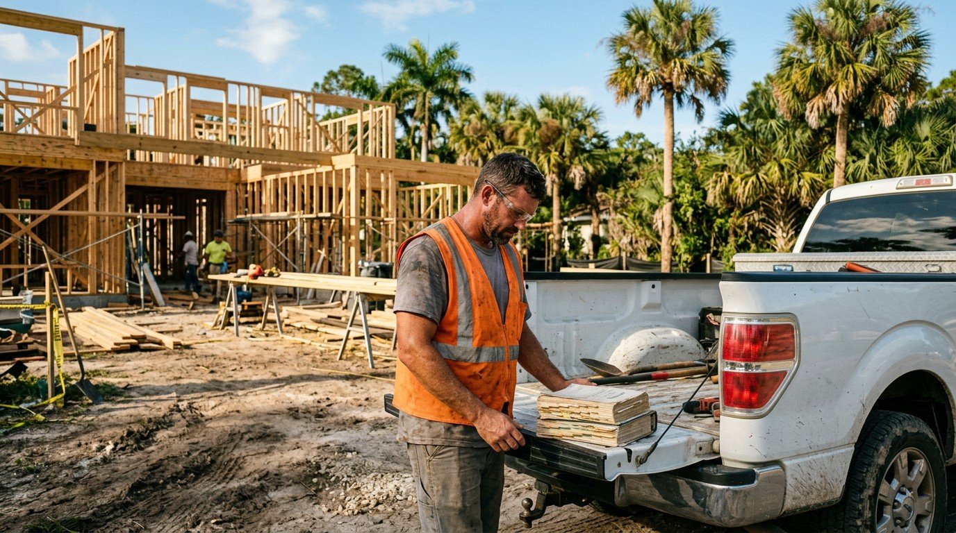 A worker reviews code books on a truck tailgate for his florida contractor exam prep.