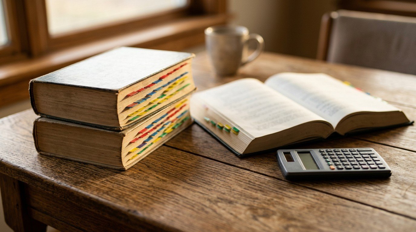Tabbed code books and a plain calculator on a desk, the kind allowed for the nascla electrical exam.