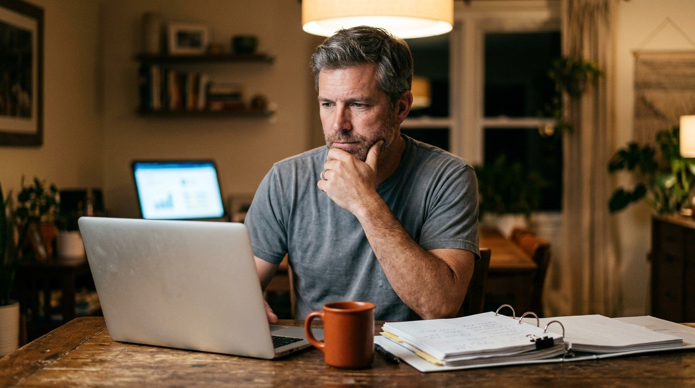 An experienced contractor studies online at night for the nascla electrical exam.
