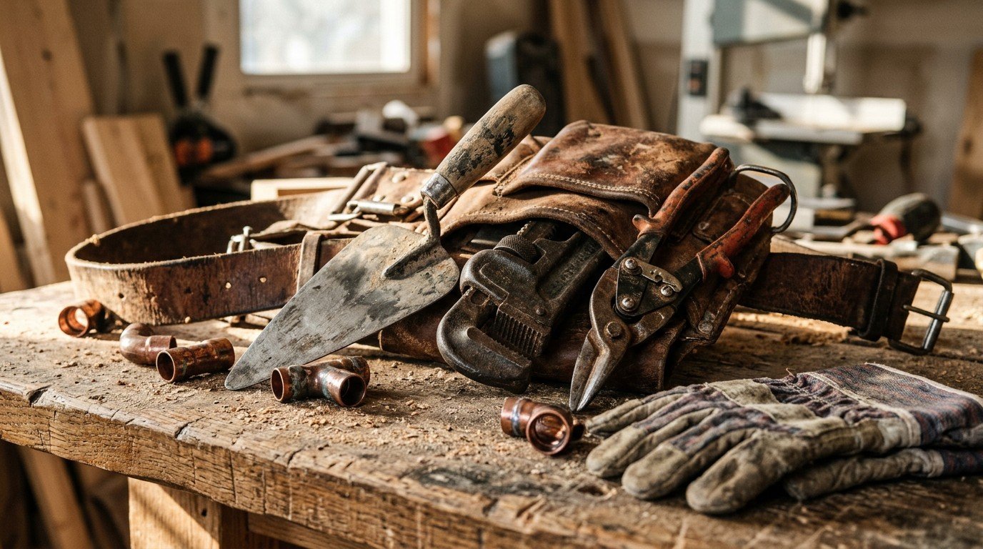 A weathered tool belt with diverse trade tools represents different florida contractor license types in Division II.